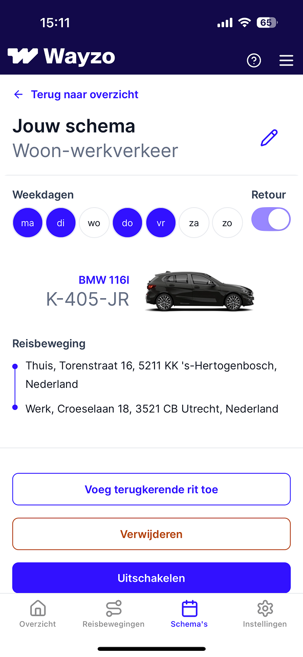 Persoonlijke reisschema's interface